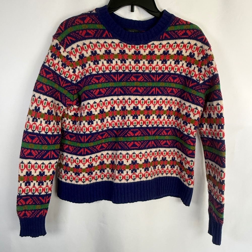 J.Crew Womens Multi Color Fair‎ Isle 100% Lambswool Crewneck Sweater Size S boho